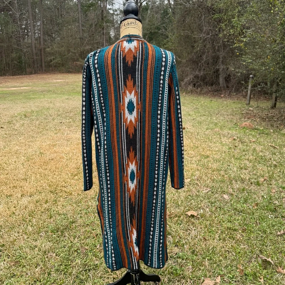 Open-Front Southwestern Pattern Long Cardigan Sweater - Teal, Rust, Cream - Picture 6 of 10